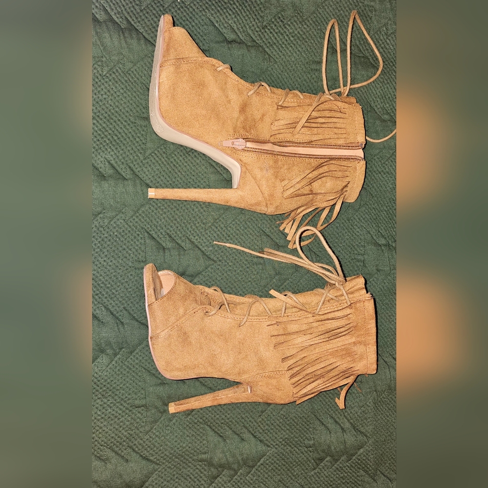 JustFab Tan Heeled Boots with Fringe